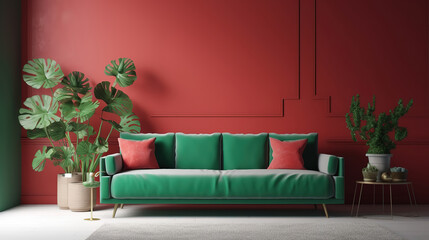 Home interior mock-up with red sofa, table and decor in green living room. Generative Ai