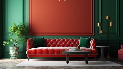 Home interior mock-up with red sofa, table and decor in green living room. Generative Ai