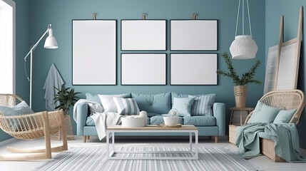 Mock up frame in home interior background, coastal style living room. Generative Ai