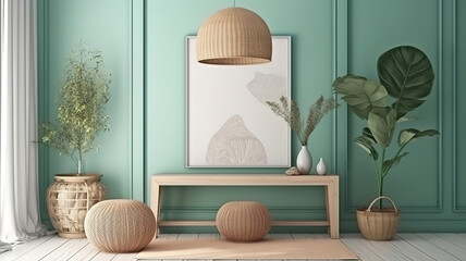 Mockup frame in coastal boho style interior, 3d render, Bright color. Generative Ai