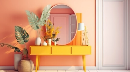 Mockup frame in coastal boho style interior, 3d render, Bright color. Generative Ai