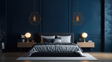Mockup frame in dark blue bedroom interior background, 3d render, Bright color. Generative Ai