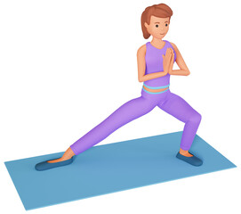 Woman doing yoga exercise on mat in perspective view 3d illustration. An adult girl doing leg stretching exercise of yoga on mat 3d illustration