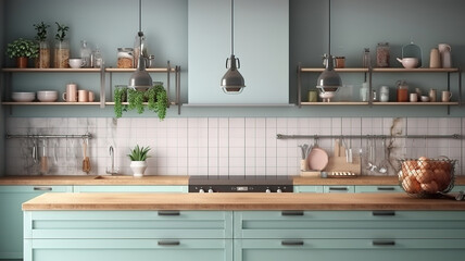 Wall mock up in kitchen interior background, Farmhouse style. Generative Ai