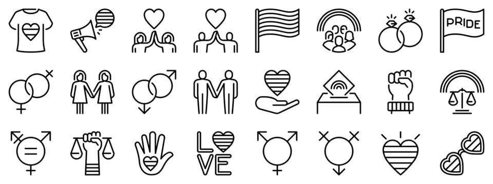 Line icons about LGBTQIA+ on transparent background with editable stroke.