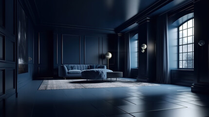 Dark blue home interior background, modern style, 3d render, Bright color. Generative Ai