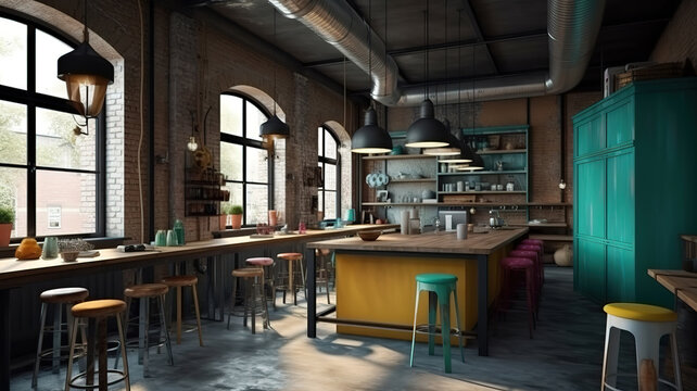 Cafe interior in loft, industrial interior style, 3d render, Bright color. Generative Ai