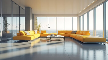 Luxury modern penthouse interior with panoramic windows, 3d render, Bright color. Generative Ai
