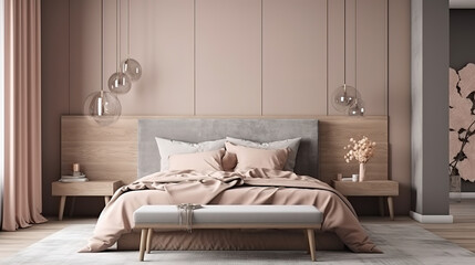 Mock up frame in bedroom interior background, 3d render, Bright color. Generative Ai