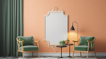 Fototapeta premium Picture frame mockup psd hanging in retro living room home decor interior. Generative Ai
