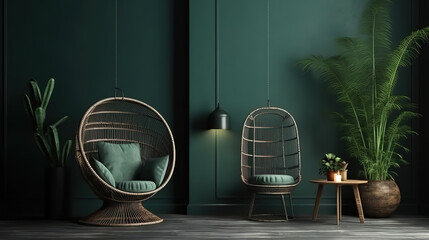Modern dark green home interior with rattan furniture and dry palm leaves in vase. Generative Ai