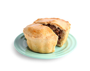 Plate with cut meat pot pie on white background