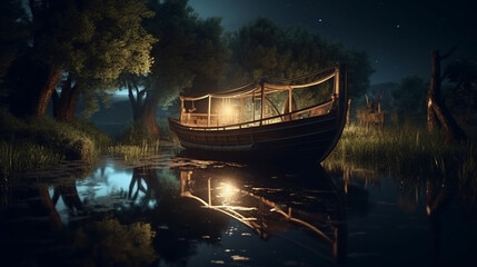 Fototapeta premium Pirate ship in the sea at night.generative ai