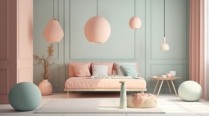 Cozy light home interior mock-up in pastel colors, 3d render, Bright color. Generative Ai