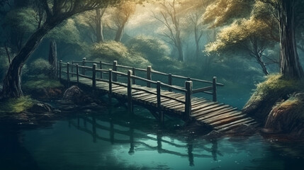 Wooden bridge over the lake in autumn forest,generative ai