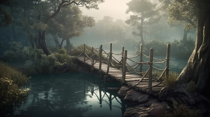 Wooden bridge over the lake in autumn forest,generative ai