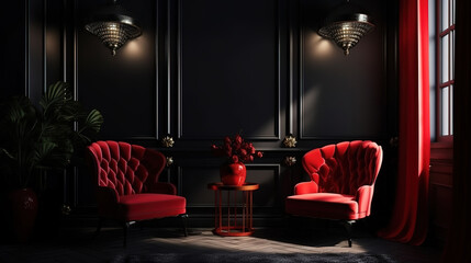 Elegant dark interior with bright red armchairs, 3d render, Bright color. Generative Ai