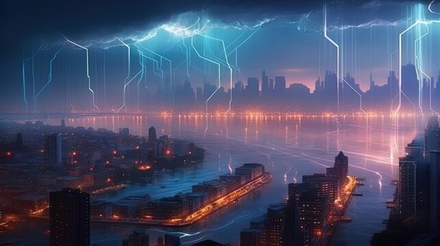 City with some lightning and a futuristic landscape