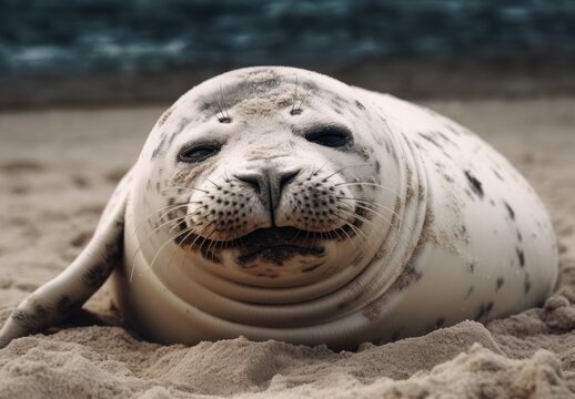 A seal lies on the sand at the beach