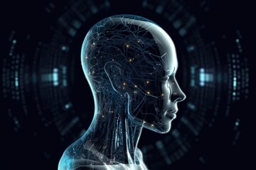 portrait blue human head black background, science fiction influences, digital technology developing, interactive experiences vray tracing light cyan and black, generative ai