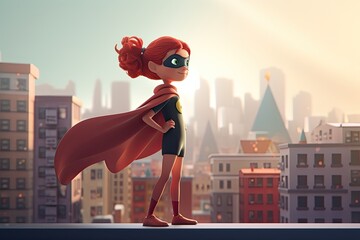 Cute Cartoon Red Haired Superhero Wearing a Cape and Mask Standing over a City (Generative AI)