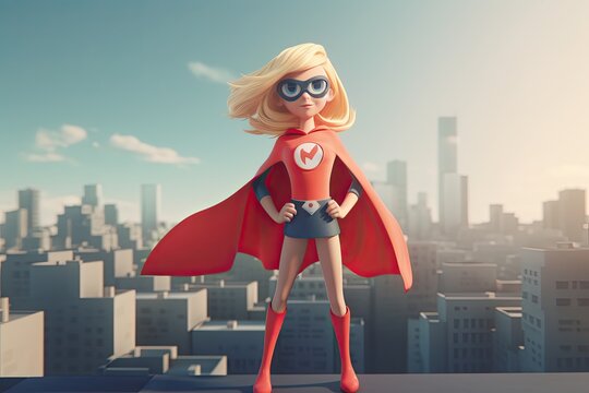 Cute Cartoon Blonde Haired Superhero Wearing a Cape and Mask Standing over a City