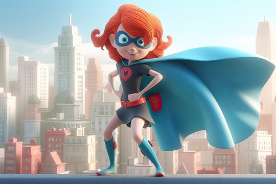Cute Cartoon Red Haired Superhero Wearing a Cape and Mask Standing over a City