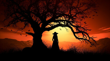 Illustration of a witch in the forest at sunset. generative ai