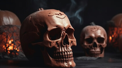Human skull with burning candle and pumpkins on dark background. Halloween concept.generative ai