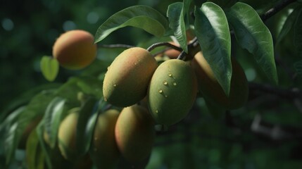 Ripe Mango tropical fruit hanging on tree. Generative AI
