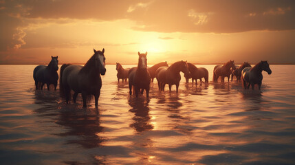 Horses in the lake at sunset. Beautiful rural landscape with horses.generative ai