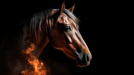 portrait of a bay horse in the fire on a black background.generative ai