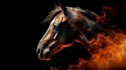 Obraz na płótnie Canvas portrait of a bay horse in the fire on a black background.generative ai