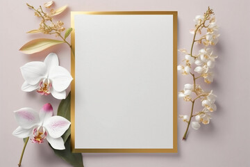 White greeting card with gold foil and orchid on pastel background. Table top view in flat lay style. Illustration for Mother's day, Women's day, Valentines Day, Birthday and Wedding. Generative Ai.