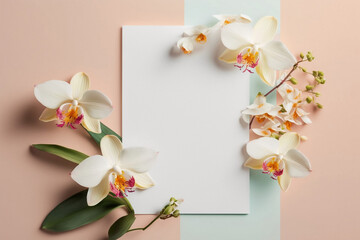 White greeting card with orchid on pastel background. Table top view in flat lay style. Illustration for Mother's day, Women's day, Valentines Day, Birthday and Wedding. Generative Ai.
