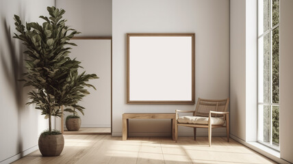 Mockup poster frame in modern living room interior. Template. Stylish home decor. AI-generated image