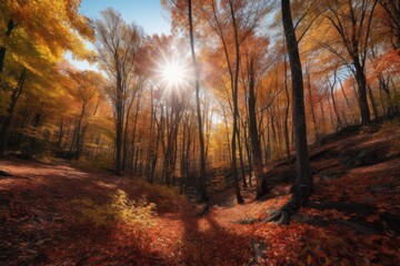 Breathtaking wide-angle photograph of a vibrant autumn landscape, capturing the peak of fall foliage in a colorful forest. Created with generative A.I. technology.
