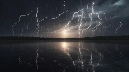 Thunderstorm over the lake at night.generative ai