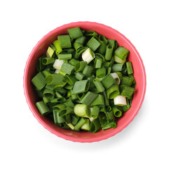 Bowl with fresh cut green onion on white background