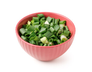 Bowl with fresh cut green onion on white background