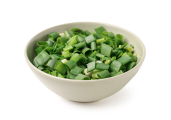 Bowl with fresh cut green onion on white background