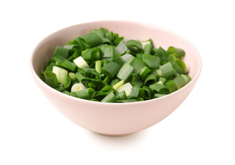 Bowl with fresh cut green onion on white background