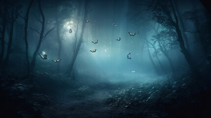 Mysterious forest in a fog at night.generative ai