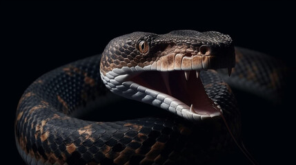 Close-up of a snake's mouth on a black background.generative ai