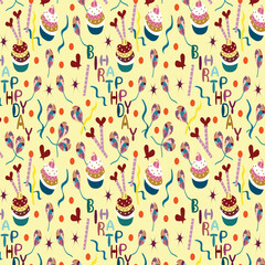 Birthday party vector repeat pattern on parchment color background.