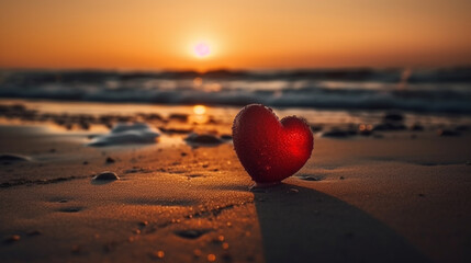Fototapeta premium Red heart on the beach at sunset. Valentine's day concept.generative ai
