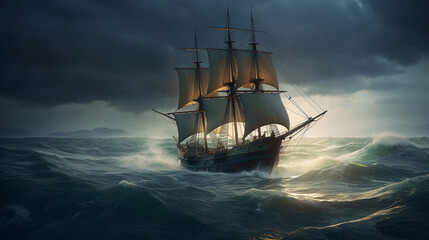 Fototapeta na wymiar Pirate ship in stormy sea.generative ai