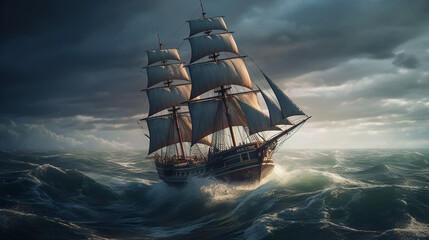 Pirate ship in stormy sea.generative ai