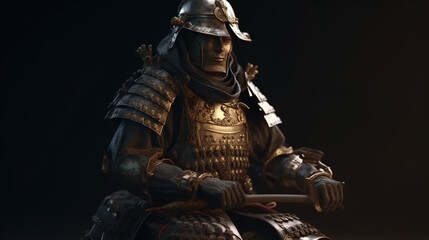 Fototapeta premium Medieval knight in armor on a dark background. Close-up.generative ai