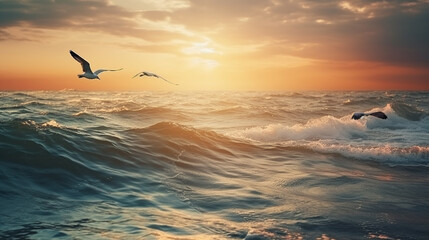 Seagull flying over the sea at sunset.generative ai